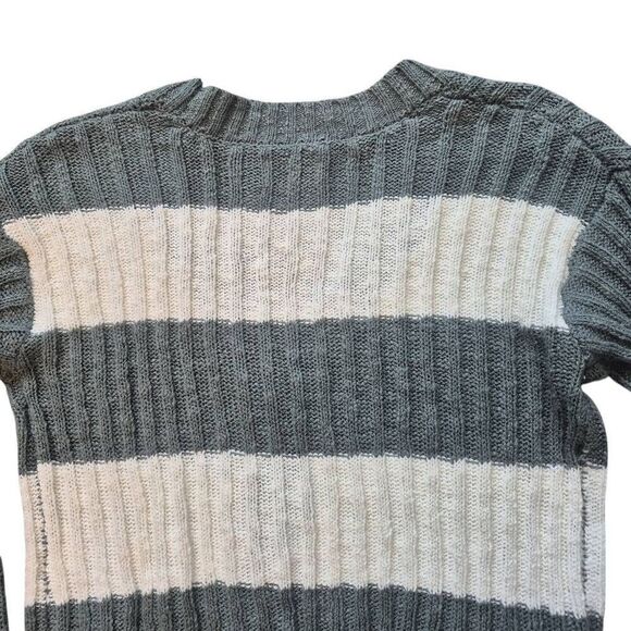SO Women's Sage Green & White Cotton/Acrylic Striped Sweater Ribbed Knit Button - Picture 7 of 9